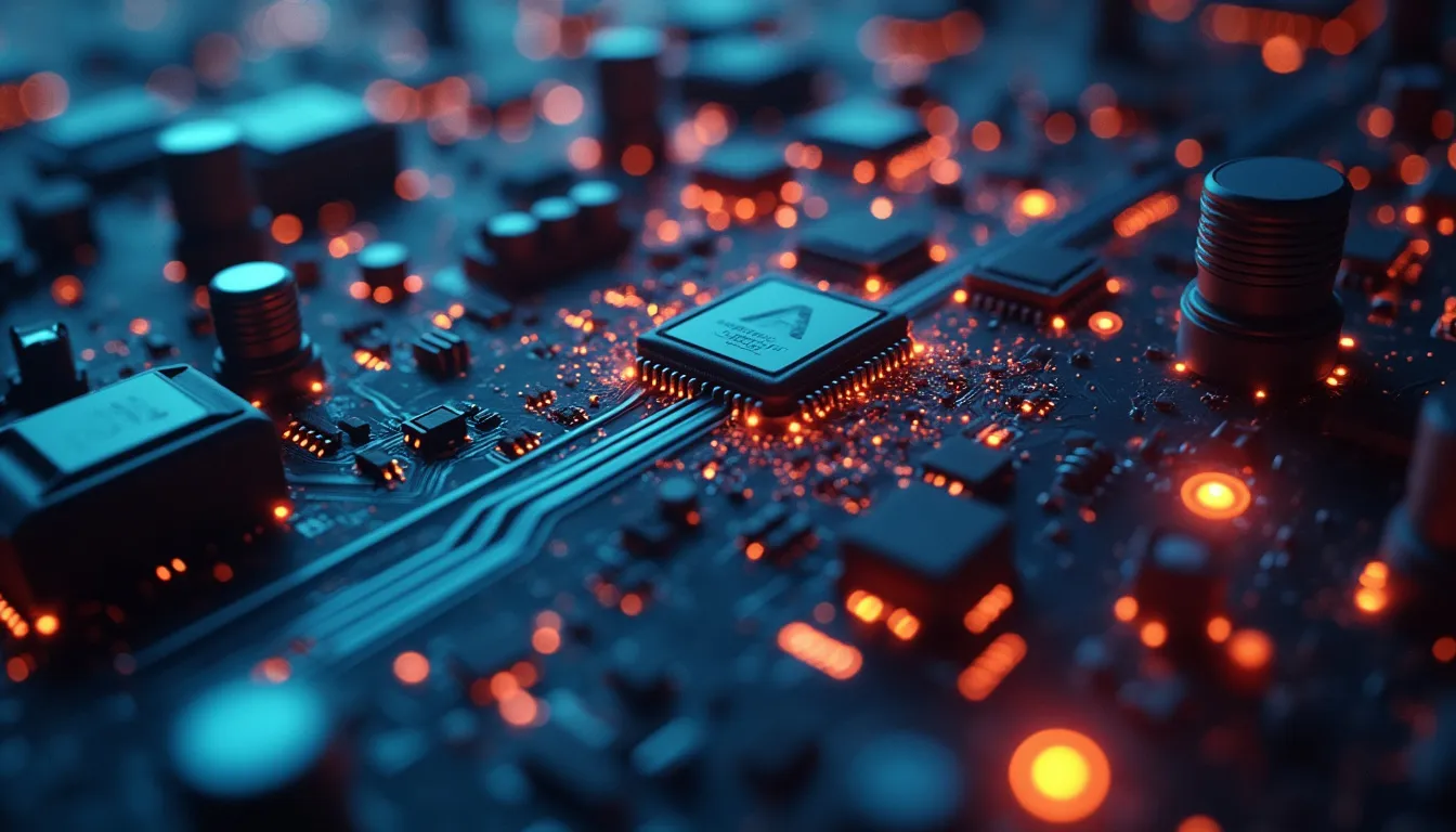 A dramatic close-up of glowing circuits, suggesting AI technology